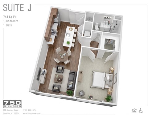 Floor plan for 1 bed, 1 bath, 743 sqft
